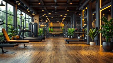 Blurred gym interior background, sport fitness equipment banner.