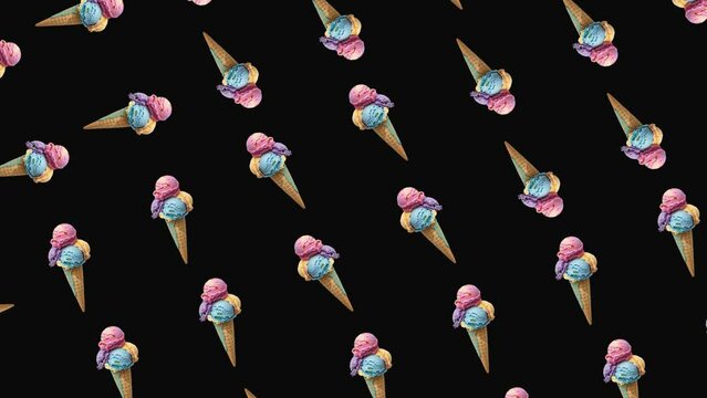 Pattern of Colorful Ice Cream Cones on Black Background