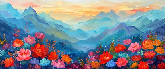 Papier Peint photo Lavable Bleu A vibrant landscape painting of blooming flowers in the foreground, with mountains and sky in the background. 