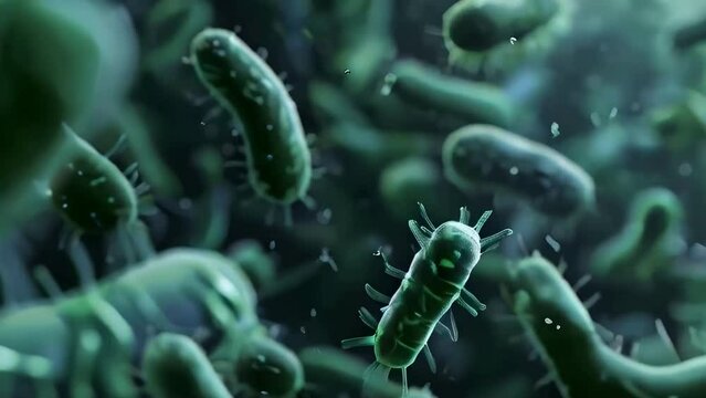 3d render of green bacteria in an environment with many other natural microorganisms, infectious diseases concept