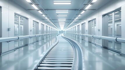 Obraz premium Modern conveyor belt in a clean, white manufacturing facility
