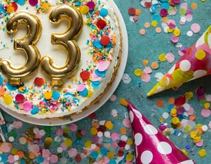 Fototapeta premium 33 Geburtstag Feier, Party, Konfetti Torte, Draufsicht 