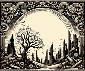 Illustration of a barren tree and city ruins