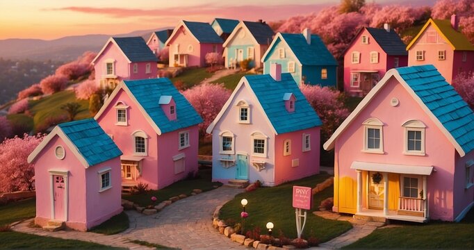 Compose an image featuring a charming village of cotton candy houses with a warm sunset backdrop. Pay attention to the ultra-realistic details of each house, emphasizing the shades -AI Generative