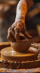 Vertical closeup of hands making pottery from clay on turning wheel
