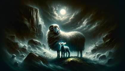 Dramatic night scene with sheep and lamb under moonlight - obrazy, fototapety, plakaty