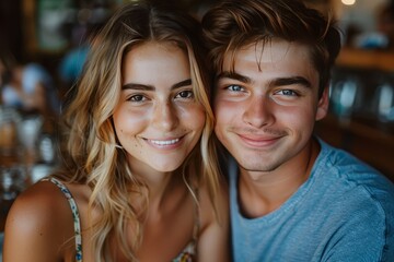 A photo of a happy young couple sitting at a cafe. A beautiful girl with blonde hair and brown eyes wearing a dress is looking at her boyfriend who has short dark brown hair and a blue shirt.
