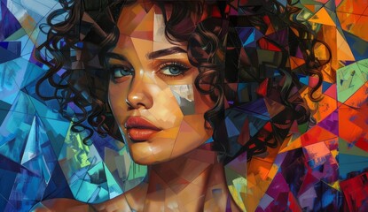 A portrait of an attractive woman with curly hair in  composed of triangles and squares