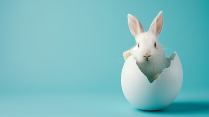 Easter rabbit, cute white bunny coming out of an opened egg on empty blue background with copy space