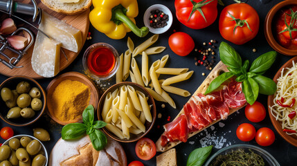 Italian Food Cuisine Feast, A delectable assortment of Italian dishes, featuring pizza, various...