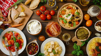 Italian Food Cuisine Feast, A delectable assortment of Italian dishes, featuring pizza, various...