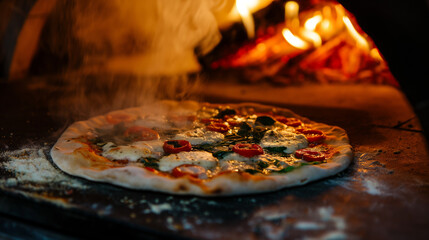 Fresh Margherita Pizza from Wood-fired Oven, Close-up of Margherita pizza with melting mozzarella