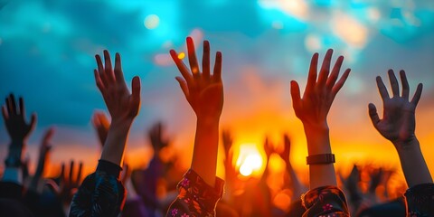 Worshipers with hands lifted in spiritual devotion at Christian gathering event. Concept Christian Gathering, Spiritual Devotion, Worship, Religious Event, Faith Community