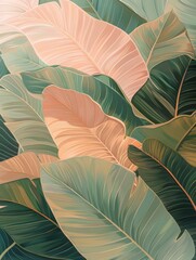 A painting on a wall depicting green and pink leaves in a vibrant and colorful composition.