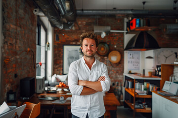 Fototapeta na wymiar A portrait of a confident entrepreneur leading a successful startup. A man in a white dress shirt is in a kitchen with crossed arms