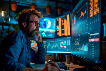 Obraz premium An office manager using predictive analytics to optimize inventory management.Man wearing glasses sitting at desk, using personal computer for entertainment