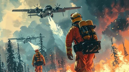 Wildfire containment team with firefighters and planes dropping water