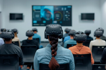A virtual reality training session for new employees on company policies and procedures. Audience in classroom wearing virtual reality headsets