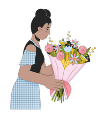 Young black woman getting bouquet 2D linear cartoon character. African american female isolated line vector person white background. Girlfriend holding floral arrangement color flat spot illustration