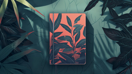 An elegant notebook with a botanical design rests amongst lush, dark green leaves, creating a serene and mysterious ambiance.