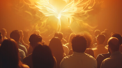 Pentecost shown with tongues of fire descending on a diverse group of people gathered in unity, with copy space