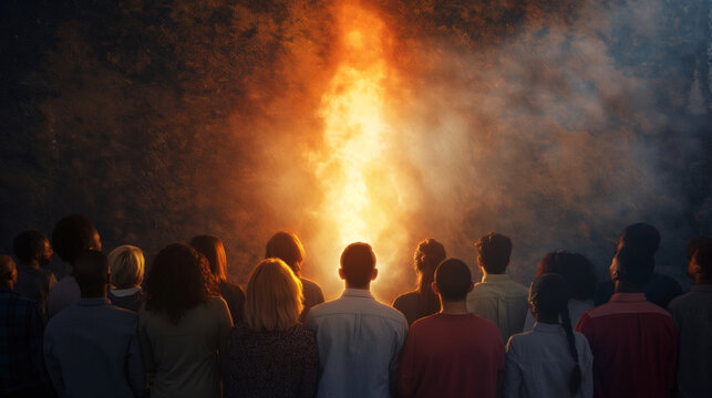 Pentecost shown with tongues of fire descending on a diverse group of people gathered in unity, with copy space
