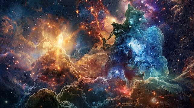 The vision of Revelation, with fantastical creatures and symbols surrounding a figure representing John, set against a cosmic backdrop, with copy space