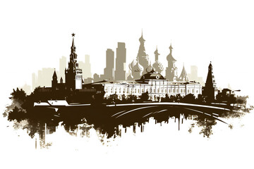 Moscow city, skyline with Kremlin, black and white, grunge,  silhouette, silhouette of the cathedral, St. Basil's Cathedral on Red Square in Moscow