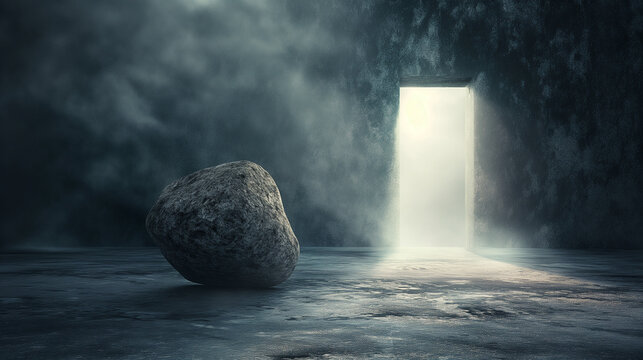 A conceptual image of the stone rolling away from the tomb entrance, symbolizing the breaking of barriers, with copy space