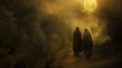 The road to Emmaus scene, with two disciples walking with Jesus, represented by the breaking of bread at the moment of revelation, with copy space - obrazy, fototapety, plakaty