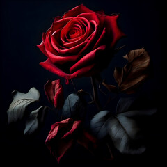 red rose, long stem, withered, On a black background, isolate