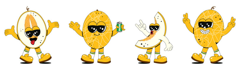 Set of cool melon characters in different poses. Fashionable retro groovy style. Mascots for a bar, restaurant, cafe, market.
