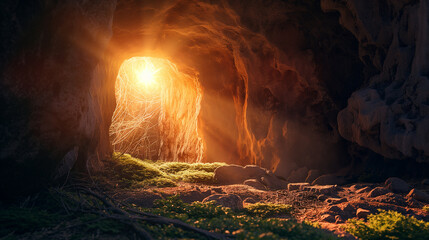A dramatic scene of the resurrection with light beams breaking through the darkness, centered on the empty tomb, with copy space