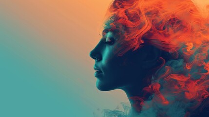 A striking abstract profile of a woman emerges from fiery orange and cool teal smoke, evoking a sense of mystery and transformation.
