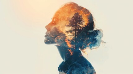 Artistic double exposure portrait of a woman, merging with a fiery sunset forest scene, symbolizing a deep connection with nature.