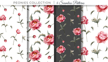 Set of floral backgrounds with watercolor peonies. Flower seamless pattern. Peony ornaments © Hanna ArtLab