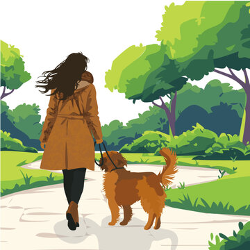 Vector, Woman walking a dog in the park