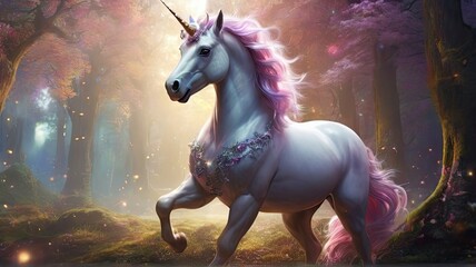 White unicorn horse with colorful hair and tail, amazing shot
