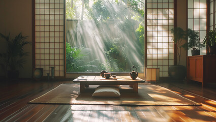 Minimalism style Japanese house room with tea ceremony table, wide opened windows with garden greens. Embracing simplicity unveils elegance in essentials, fostering tranquility, clarity in life.