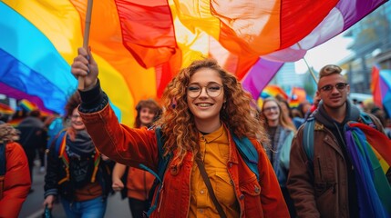A woman is holding a rainbow flag and smiling