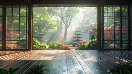 Tuinposter Captivating minimalist Japanese hall with wooden floors, wide open windows, and a stunning garden backdrop. Embracing simplicity unveils elegance in essentials, fostering tranquility, clarity in life. © Train arrival