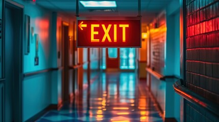 Exit sign above a doorway leading out on a hallway.
