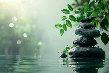 A stack of light wet zen stones and leaves on a light background with copy space, relaxation background