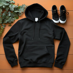 flat lay, blank black hoodie mockup сreated with Generative Ai