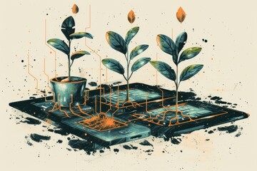 Seeds sprouting from technological devices, showcasing the potential of tech-driven prosperity.