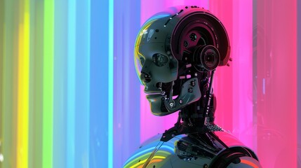 A robot stands confidently in front of a vibrant, multicolored wall