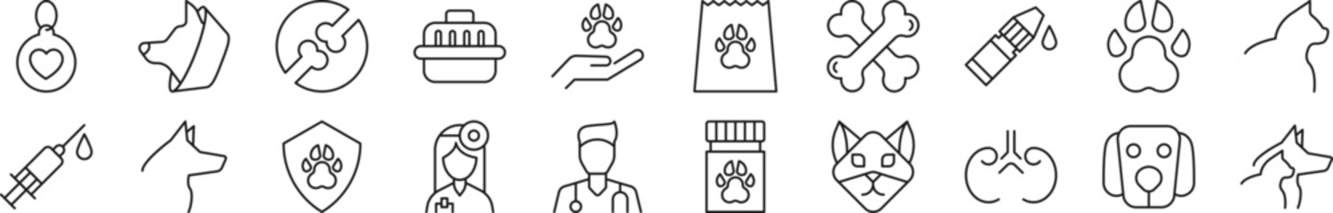 Collection of outline symbol of veterinary. Editable stroke. Simple linear illustration for stores, shops, banners, design