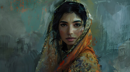 **Generate an oil paint-style portrait of a woman wearing a traditional dress from a culture around...
