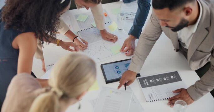 Tablet, documents and hands of people in office with graphs or statistics for planning. Career, meeting and group of professional designers working with paperwork and digital technology for teamwork.