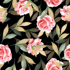 Pink rose flowers with green leaves on black background. Seamless floral pattern - 756661101